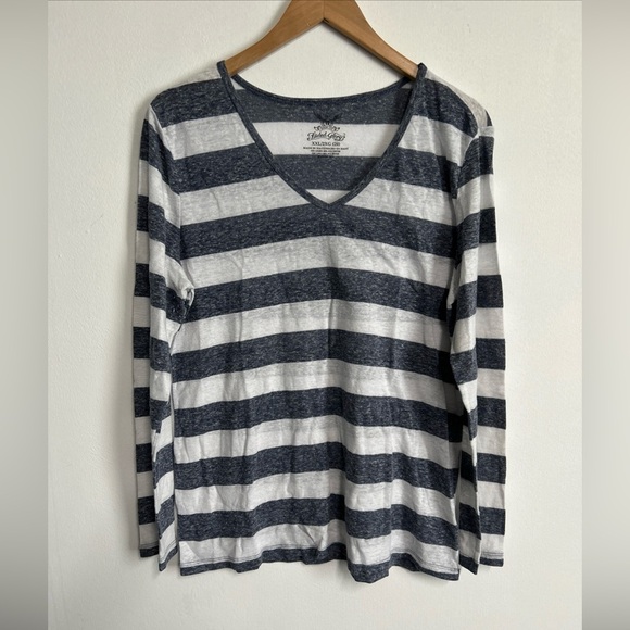 Faded Glory Shirt Women’s XXL Gray White Striped Long Sleeve Linen Blend‎ Top - Picture 1 of 10